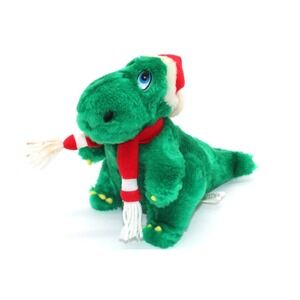 Jinglesaurus Dinosaur Christmas Plush Green, Santa Hat w/Rattle & Scarf